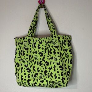 Lazy Oaf Neon Green Smiley Face Zippered Tote Bag Large